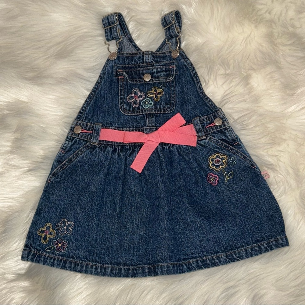 Oshkosh denim girls Overall Dress / Jumper with embroidered flowers 18m